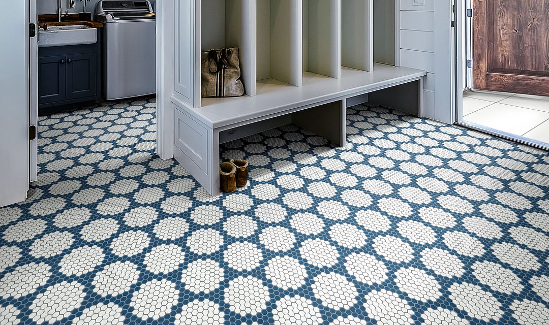 laundry farmhouse style mudroom and laundry room blue and white tile